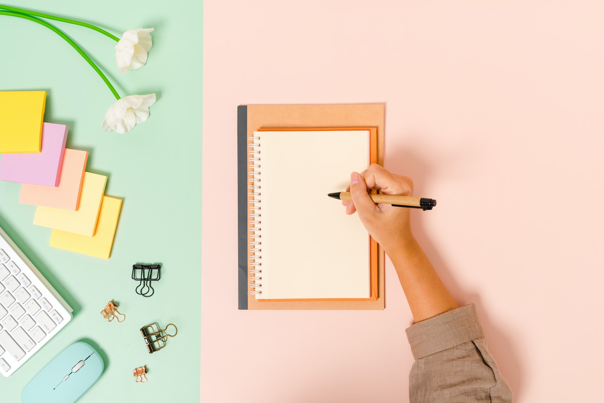 Creative flat lay photo of workspace desk.